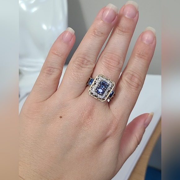 Gems en Vogue Boho Mogok Blue Sapphire 24K Plated Sterling Silver Statement Ring - Picture 12 of 16